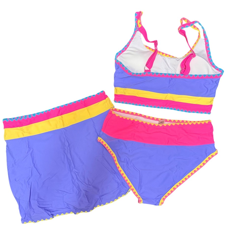 NWT Popvil 3 Piece High Waisted Bikini Set Neon Purple Pink Yellow Skirt Large - Picture 5 of 6